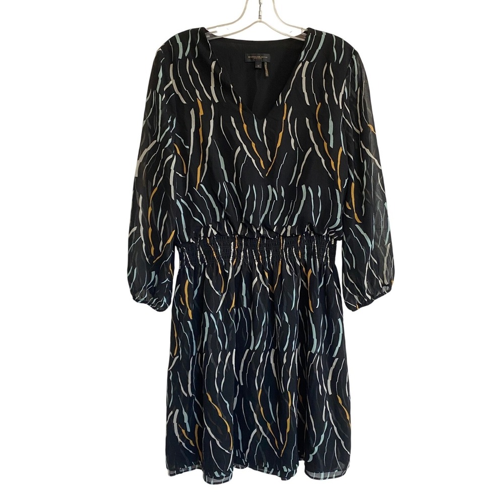 Donna Karan New York Abstract Print Smocked Waist VNeck Mini Dress Black Size 10